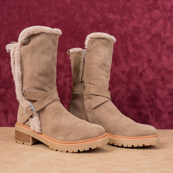 Sam Edelman Women Jailyn Taupe Waterproof Suede Plush Lined Zip Lug Boots sz 7.5 - Picture 1 of 8